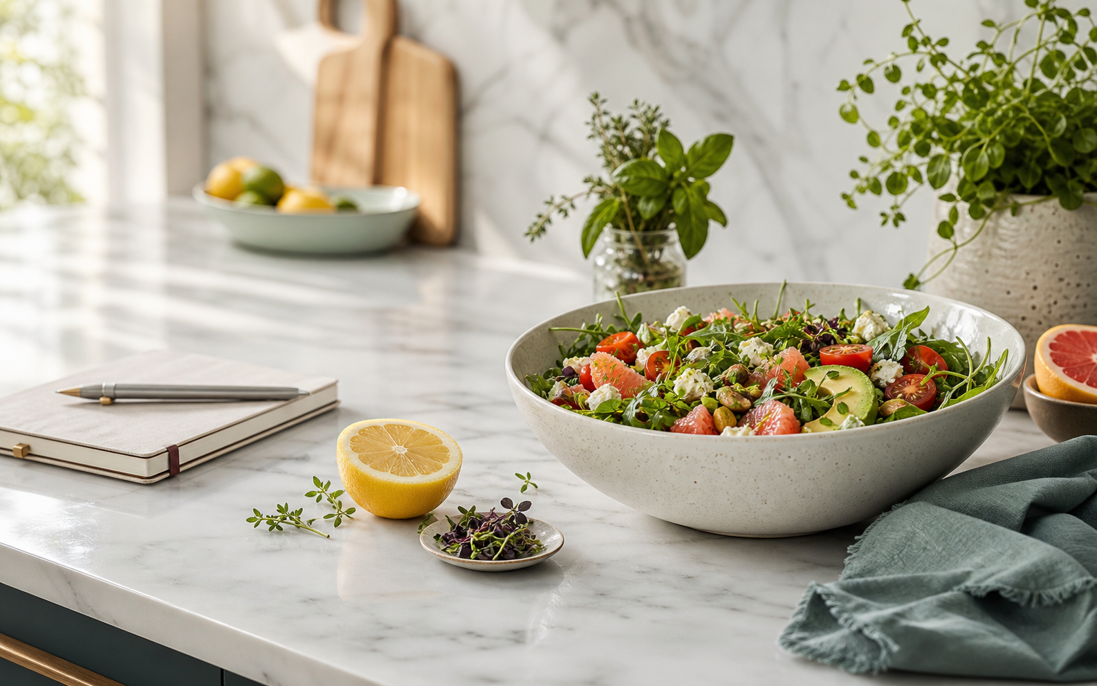 Mesa com alimentos frescos e preparo saudavel